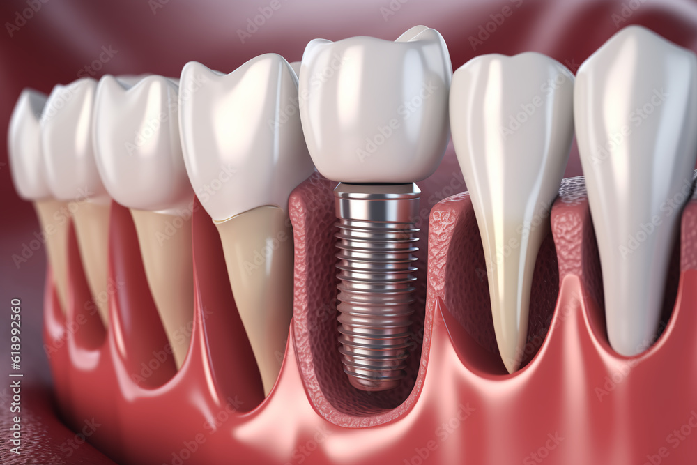 Dental implantation, teeth with implant screw, 3d illustration