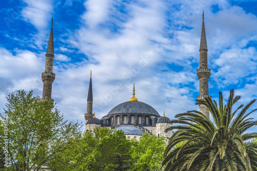 Photography Blue Mosque Dome Minarets Trees Istanbul Turkey