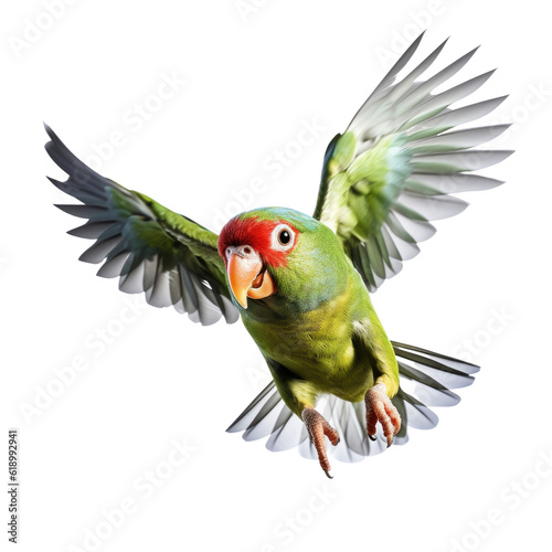 Green parrot flying isolated background