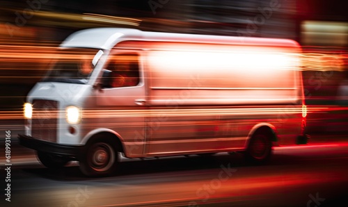 Fast delivery van illuminating the streets with bright lights. Creating using generative AI tools