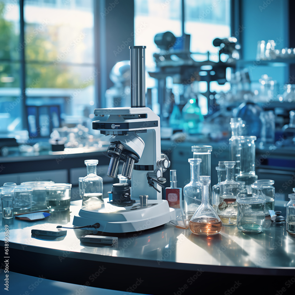 Microscope with lab glassware in modern medical laboratory, Microscopes, Lab glassware Microscope with lab glassware in modern medical laboratory, Microscopes, Lab glassware