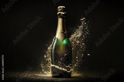 a bottle of champagne with white champagne splash on dark background. Pouring champagne. Generative AI