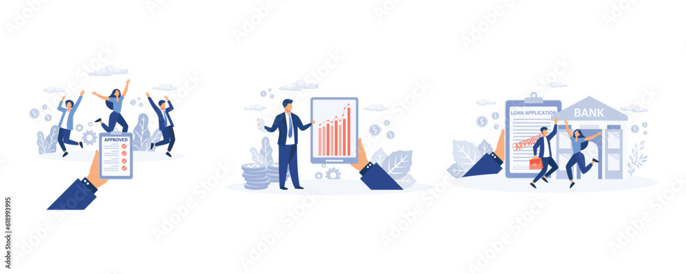 Mortgage or credit form with stamp approved, Loan approval message, People borrow money from bank, set flat vector modern illustration