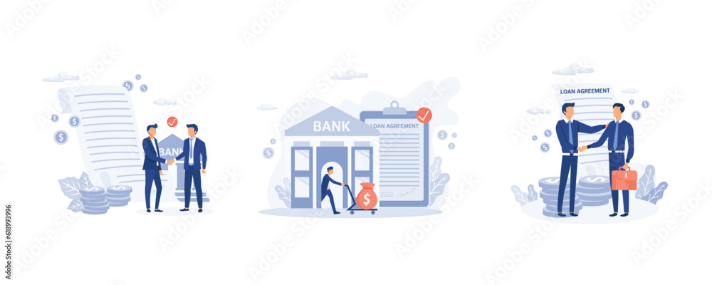 Loan agreements borrow money from the bank, Approved loan , personal loan or financial support concept, set flat vector modern illustration - obrazy, fototapety, plakaty 