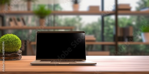 Professional workspace with laptop, desk, and shelves in home office interior design blur background
