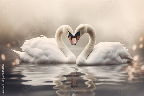 Animal, wildlife, love and fantasy concept. Two white swans in love swimming in lake. Swans making heart shape from necks in dreamlike and magical background with copy space. Generative AI photo