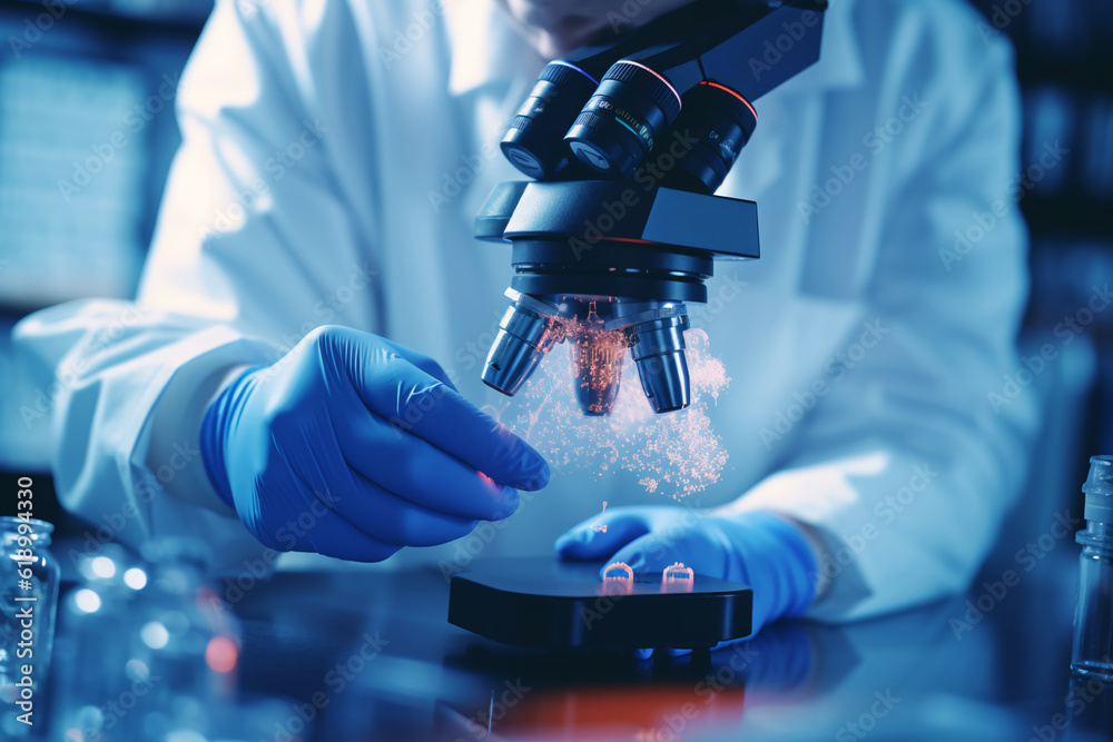 Scientist hands with microscope close-up shot in the laboratory