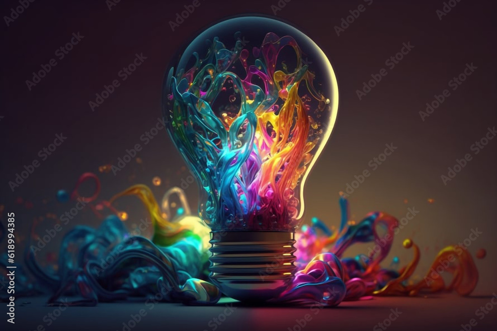 a colorful glowing 3d idea bulb lamp, visualization of brainstorming, bright idea and creative thinking, ambient backgrpund a colorful glowing 3d idea bulb lamp, visualization of brainstorming, bright idea and creative thinking, ambient backgrpund