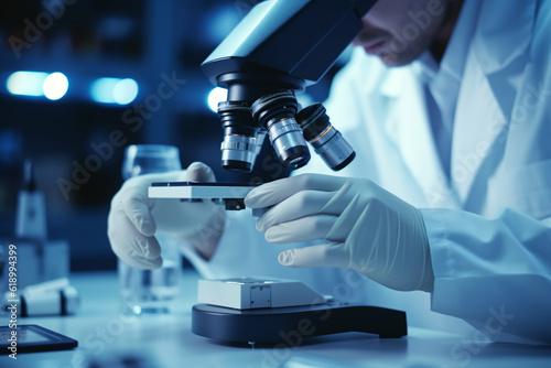 Scientist hands with microscope close-up shot in the laboratory