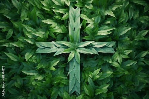 Culture and religion concept. Top view of christian cross made of green leaves and placed on bright background with copy space. Generative AI