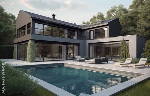 a modern house having huge swimming pool © Kien