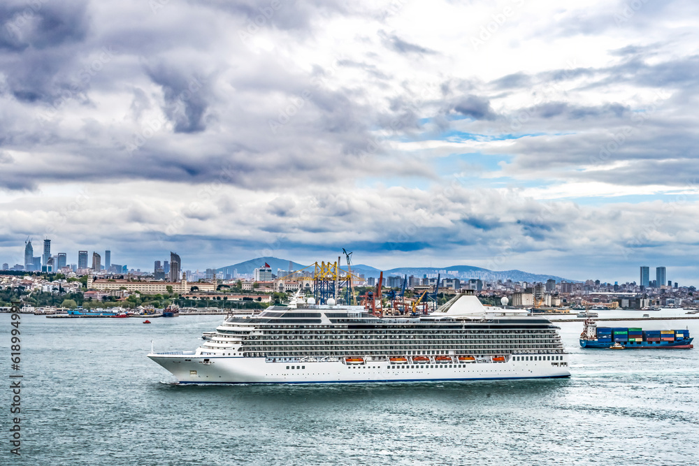 Cruise Ship Freighter Buildings Bosphorus Strait Istanbul Turkey