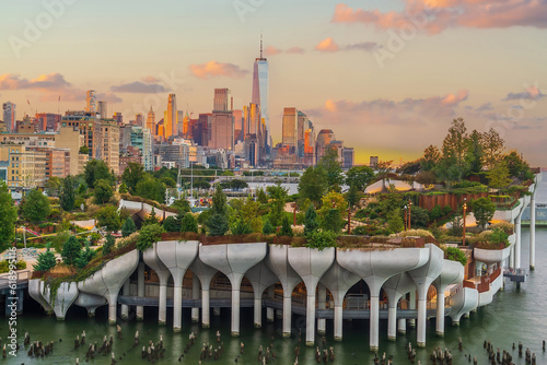 Photography Cityscape of downtown Manhattan skyline with the Little Island Public Park in Ne