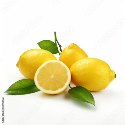 Illustration, AI generation. Lemons with leaves on a white background.