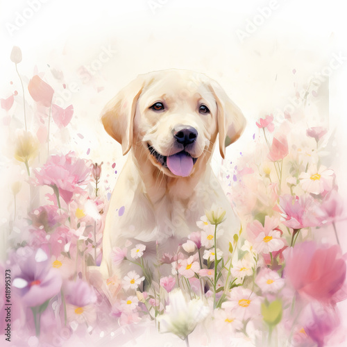 Labrador retriever puppy in a filed of pink flowers watercolor painting