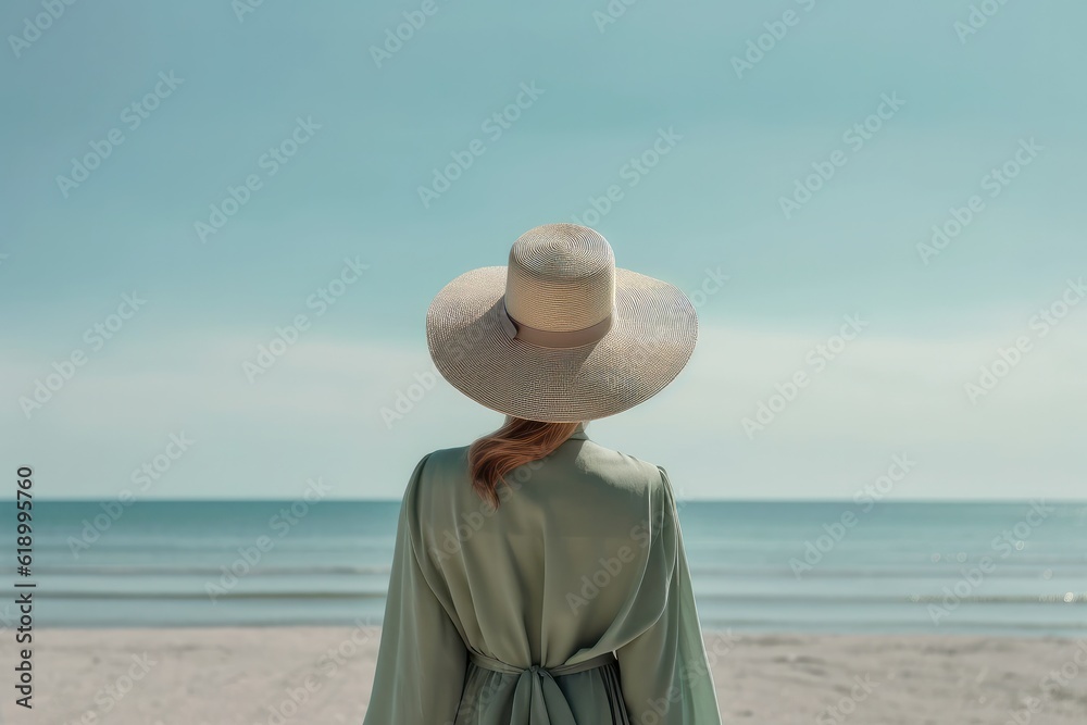 Girl in hat and dress against background of sea. generative ai, ai.