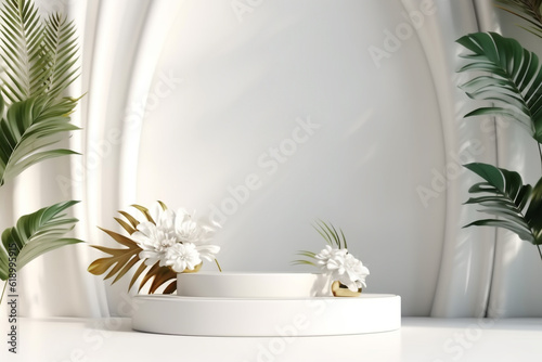 Beauty  fashion  make-up  product concept. Minimalist product placement white podium with leaves and flowers in background and copy space. Minimalist and luxury style. Generative AI