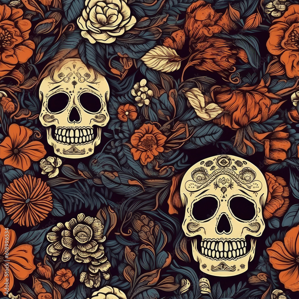 Seamless pattern with skulls. Generative AI