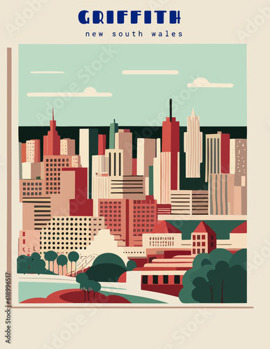 Griffith: Beautiful vintage-styled poster with an Australian cityscape with the name Griffith in New South Wales photo