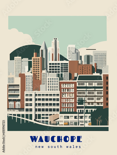 Wauchope: Beautiful vintage-styled poster with an Australian cityscape with the name Wauchope in New South Wales photo