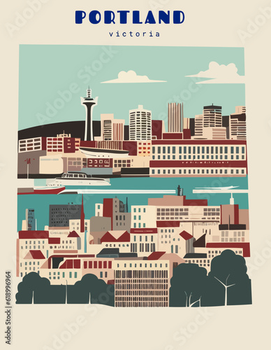Portland: Beautiful vintage-styled poster with an Australian cityscape with the name Portland in Victoria