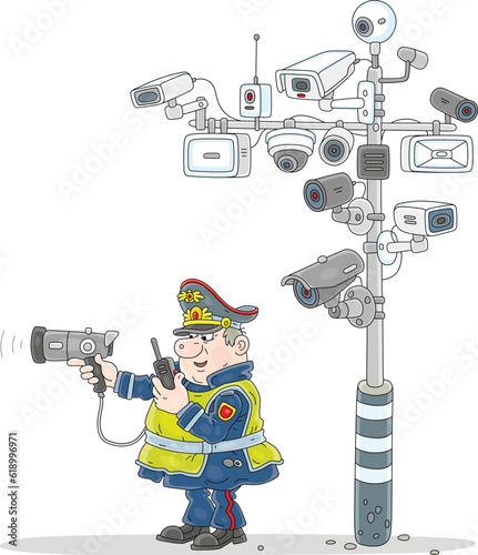 Traffic policeman with a portable speed trap and many surveillance cameras on a road post, vector cartoon illustration isolated on a white background