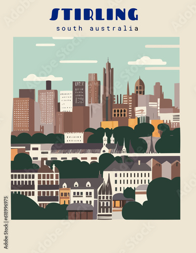 Stirling: Beautiful vintage-styled poster with an Australian cityscape with the name Stirling in South Australia
