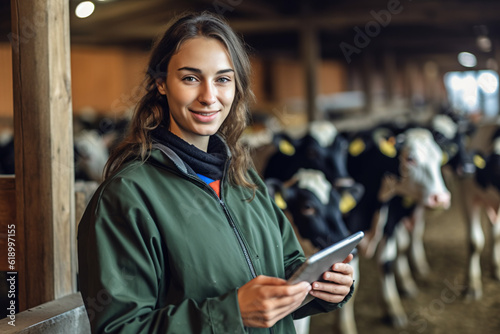 Photographie Young woman in a cow barn with a tablet in her hands.