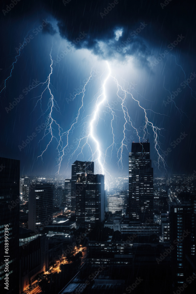 Thunder and lightning over the city. Photorealistic illustration of Generative AI.