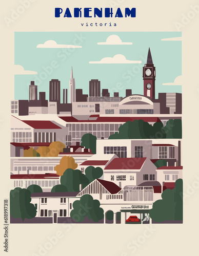 Pakenham: Beautiful vintage-styled poster with an Australian cityscape with the name Pakenham in Victoria