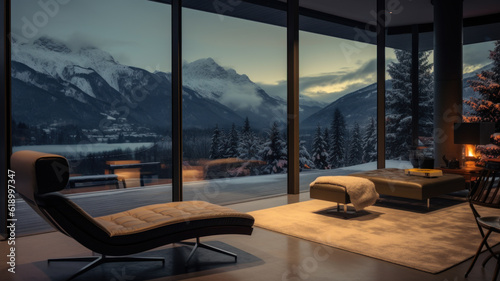 Interior of a high-tech chalet with panoramic windows and a view of the snow-capped mountains. Generative AI photorealistic illustration.
