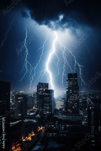 Thunder and lightning over the city. Photorealistic illustration of Generative AI.