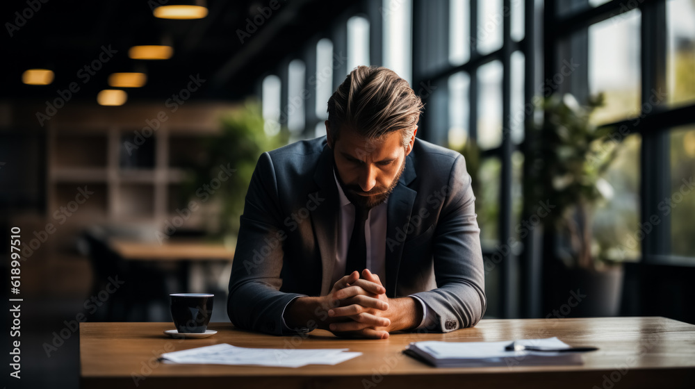 Stressed businessman sitting at table with papers in cafe and covering his face, background Stressed businessman sitting at table with papers in cafe and covering his face, background