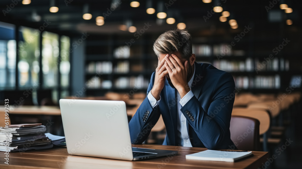 stressed businessman in suit sitting at table and using laptop in library, background stressed businessman in suit sitting at table and using laptop in library, background