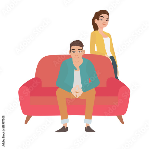 Cartoon Man Sitting in Armchair and Woman Standing Next to Him. Vector illustration.