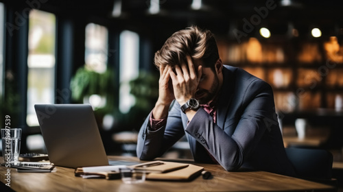 depressed businessman in suit sitting at table and looking at laptop in office, background