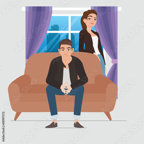 Cartoon Man Sitting in Armchair and Woman Standing Next to Him. Vector illustration.