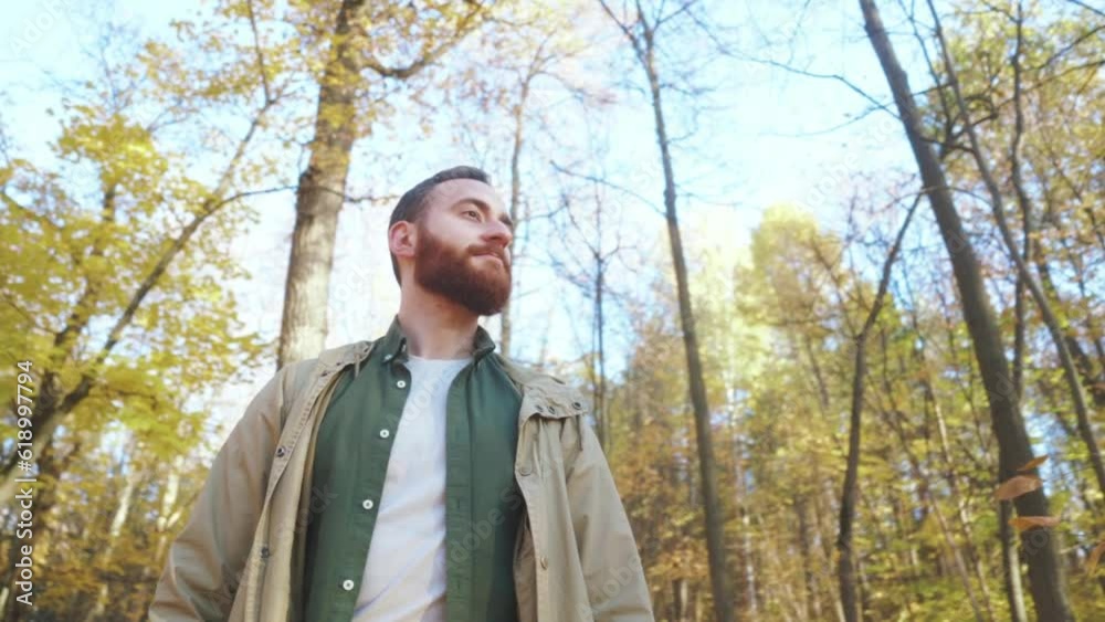 young handsome bearded man has rest in forest with fresh air, relaxation , meditation low angle view camera motion, trees in the background young handsome bearded man has rest in forest with fresh air, relaxation , meditation low angle view camera motion, trees in the background