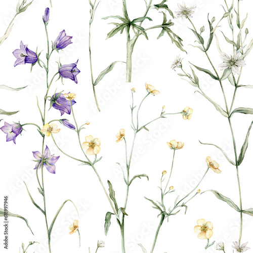 Watercolor floral seamless pattern in vintage rustic style, colored garden, hand painting print with meadow flowers, leaves and plants, design texture. Bluebell, buttercup, stellaria holostea.