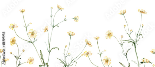 Seamless border of yellow flower meadow, forest flowers. Buttercup known as Ranunculus acris, sitfast, spearworts or water crowfoots.Watercolor hand painting illustration on isolate white background.
