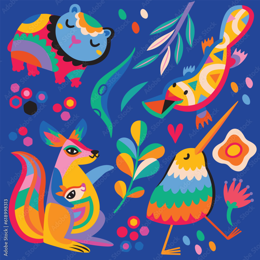 Cute abstract Australian animals, flowers and leaves. Vector illustration