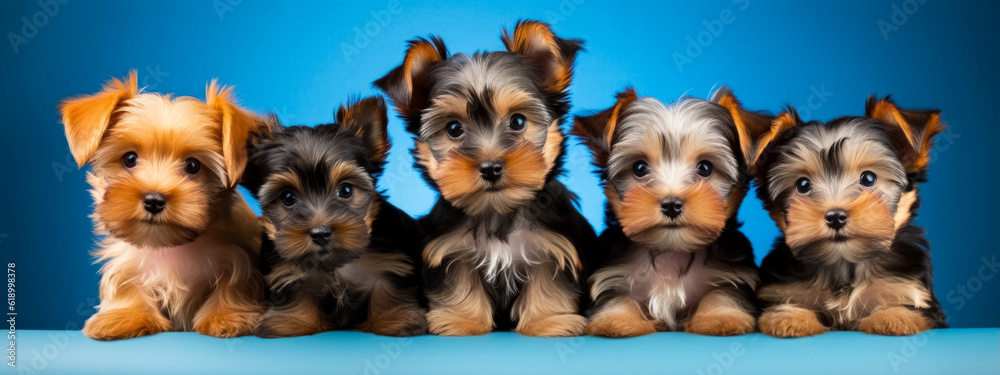 Group of Yorkshire Terrier puppies in a row on blue background.