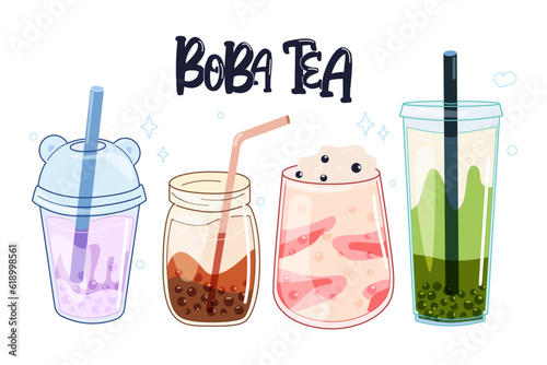 tea bubble milk. boba tea. iced tea plastic cups Vector illustration. Special promotions design. tea with pearl milk, delicious drinks, coffee  soft drinks with a logo and an advertising banner
