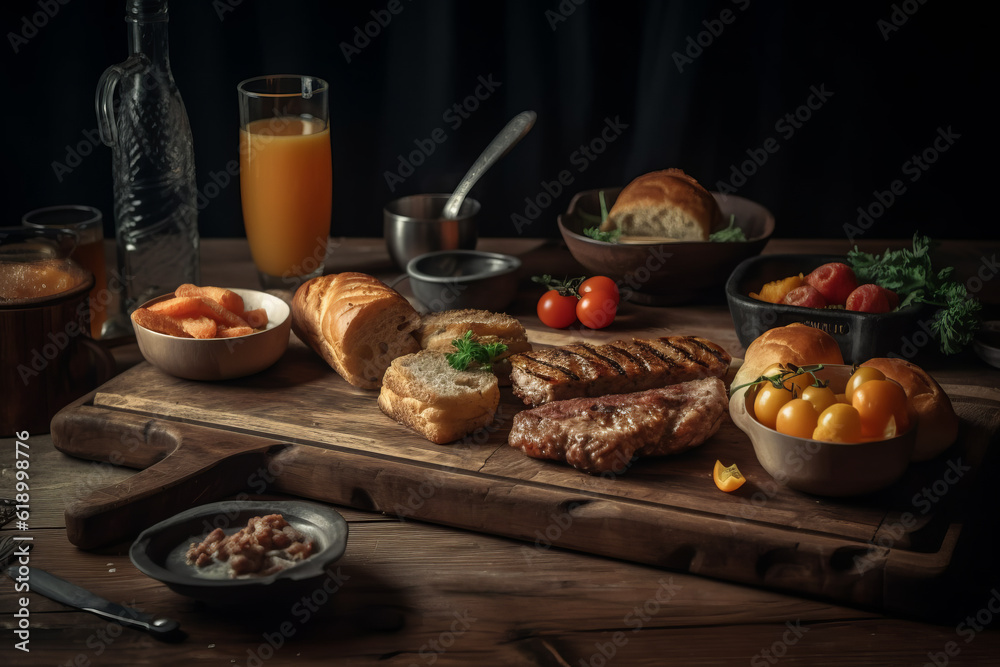 Cooked Food on Brown Wooden Board, Generative AI Cooked Food on Brown Wooden Board, Generative AI