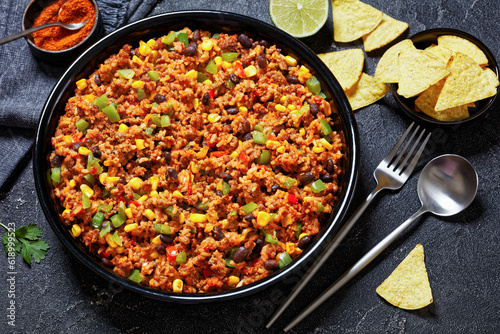 Mexican ground beef casserole with rice, beans