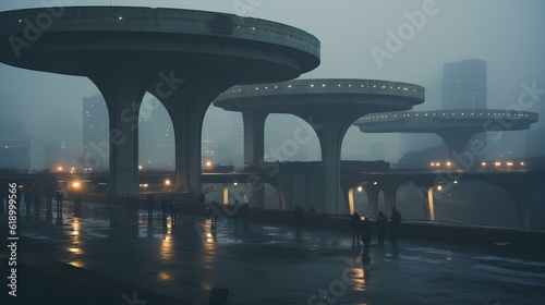 desolate utopic futuristic city scape in fog, huge concrete and electric structures. generative AI photo