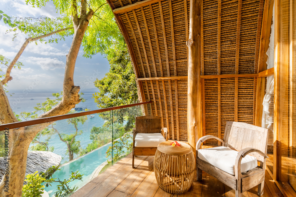 Interior detail shots of eco resort balcony overlooking the ocean