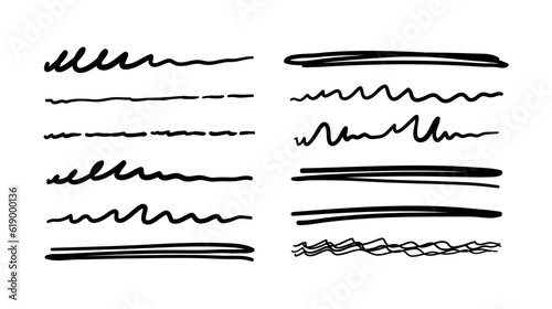 Set of decorative scribble lines in pen, pencil underline, vector doodle hand drawn design elements isolated on white background. Outline symbols collection.