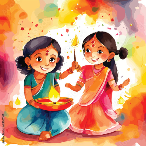 Indian Kids Celebrating Diwali watercolour vector illustration 