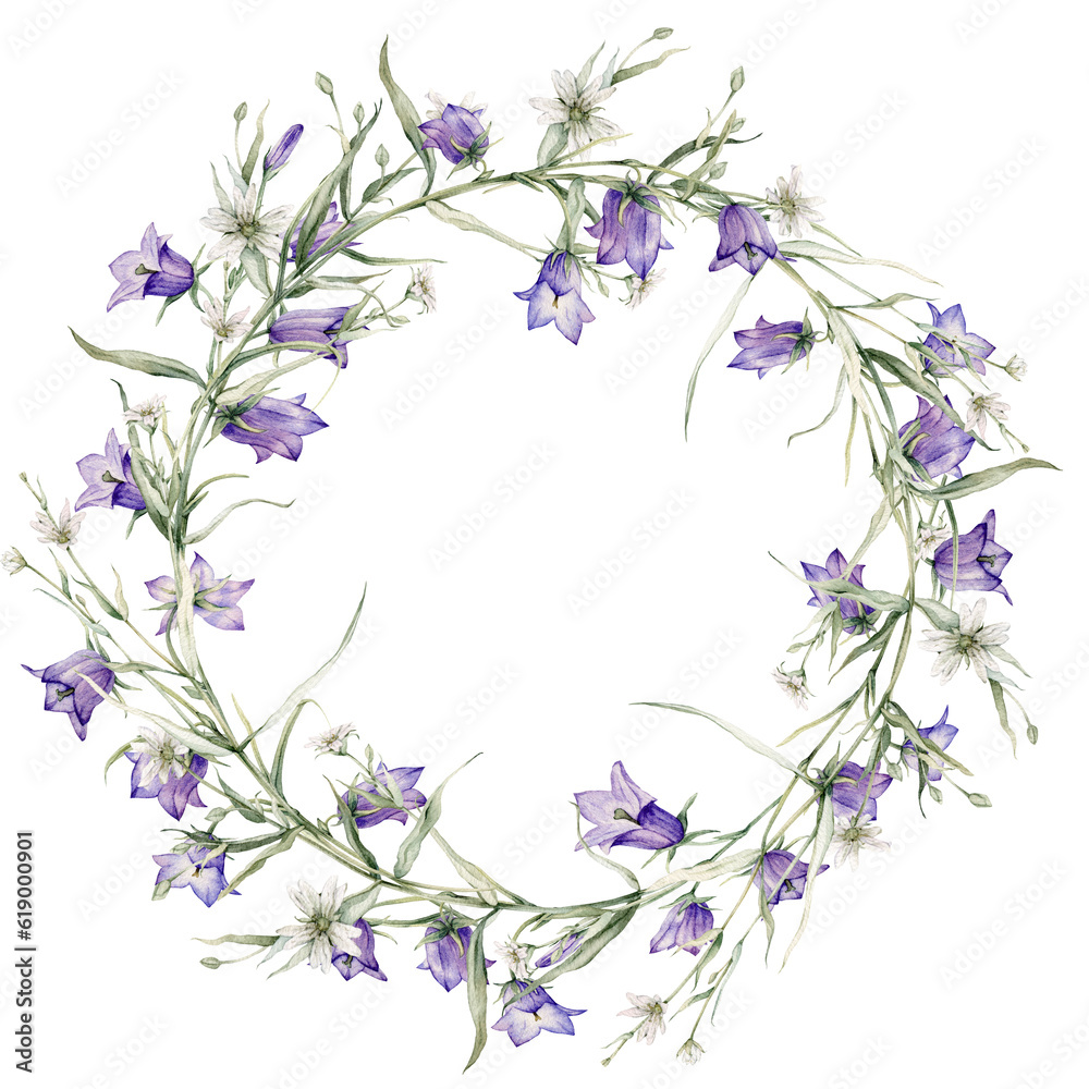 Wreath of blue, violet flower meadow. Close-up of blue spreading bellflower flowers. Little bell, bluebell, rapunzel, harebell. Watercolor hand painting illustration on isolate. , circlet of flowers